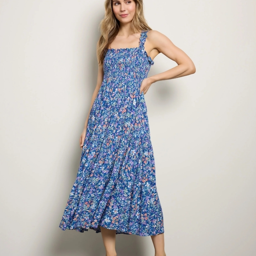 Apricot Ruched Floral Midi Dress - Blue